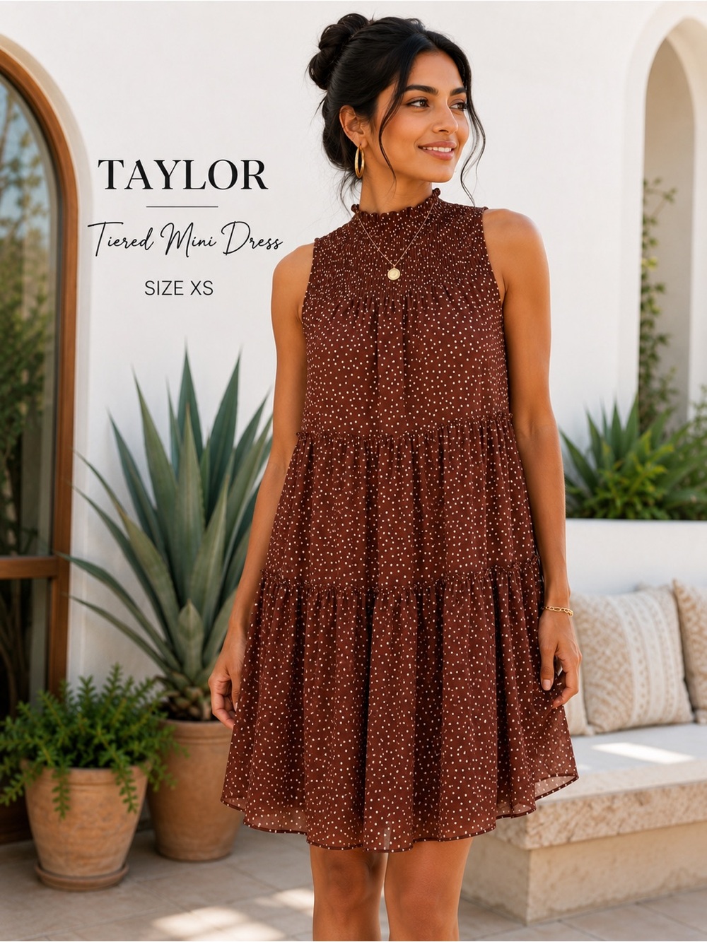 Taylor Brown Polka Dot Tiered Mini Dress XS Boho Mock Neck Sleeveless
